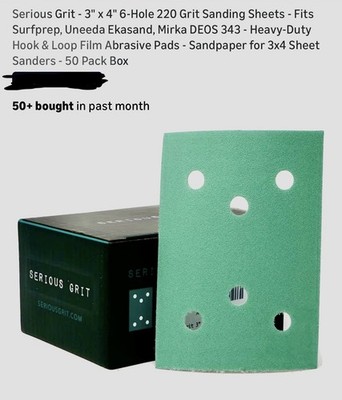 Serious Grit 3'' x 4'' Sanding Sheets 220 Grit 6 Hole Hook & Loop Film Pads 50pcs