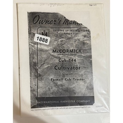International Harvester McCormick Cub -144 Cultivator Farmall Cub Tractor Book