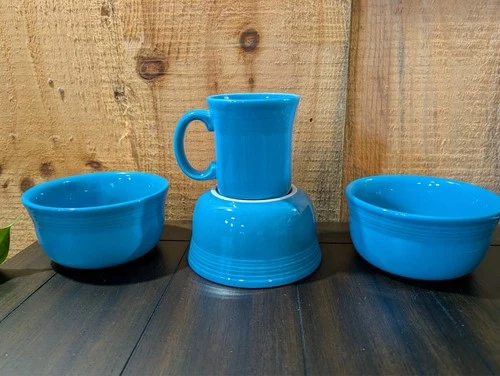 3 Fiesta Peacock Blue GUSTO BOWLS, & mug Homer Laughlin, 23 OZ   UNUSED   VGC