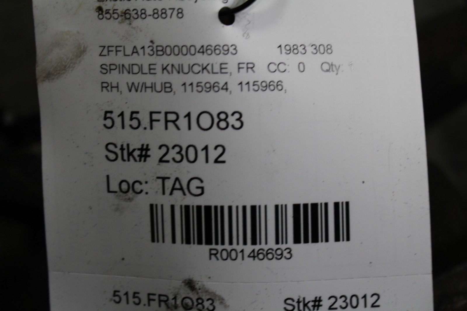 Ferrari 308, RH, Right, Front Spindle Knuckle w/ Hub, Used, P/N 115964, 115966