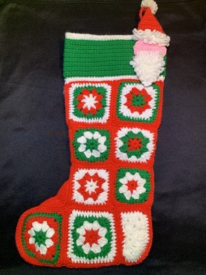 Christmas Stocking Handmade Crochet Granny Square with Santa Face Red Green Wht