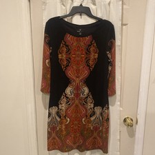 Ronnie Nicole Black Orange Paisley Lined 3/4 Sleeve Knit Dress Size 10