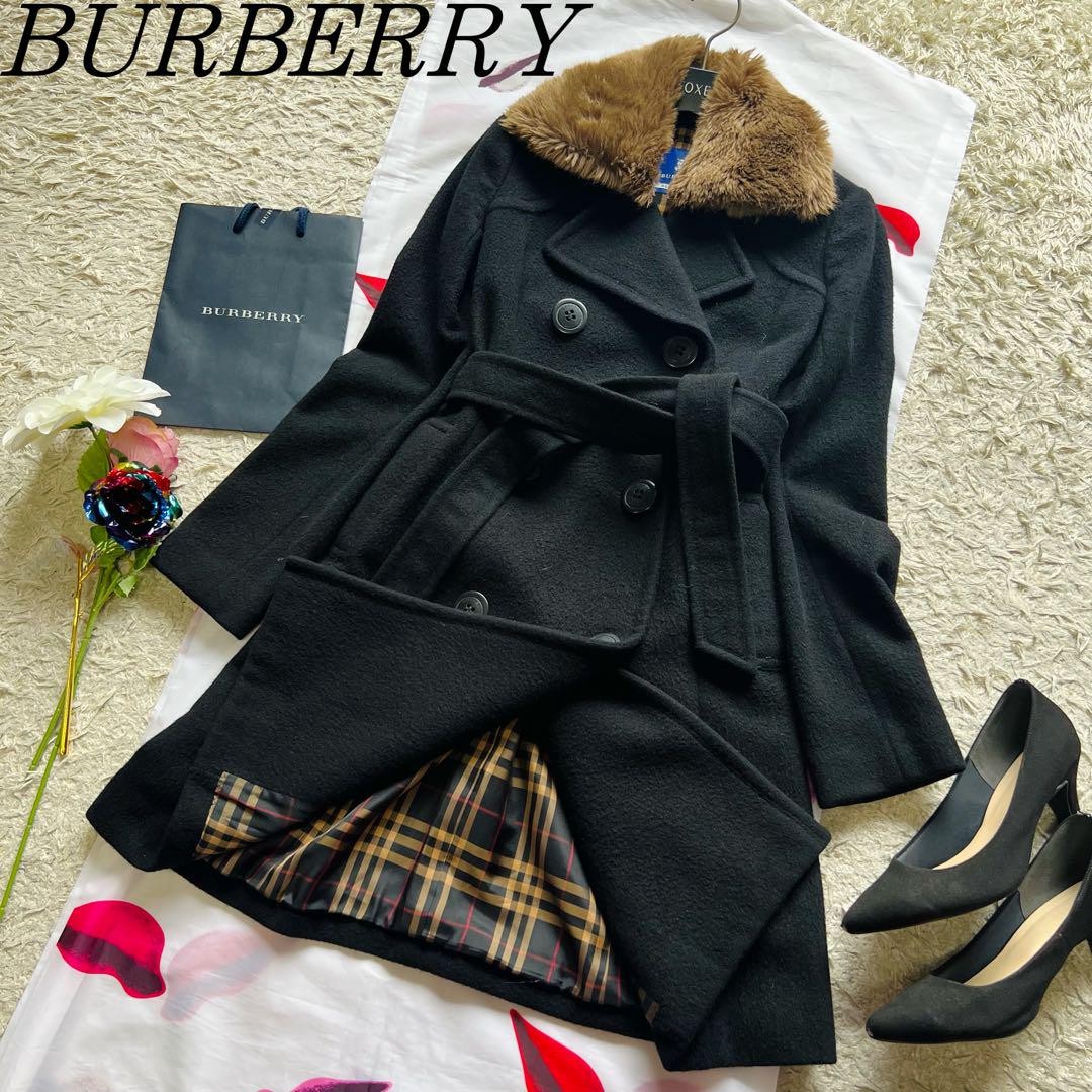 Burberry Blue Label Long Wool Coat with Fur Collar Size 36