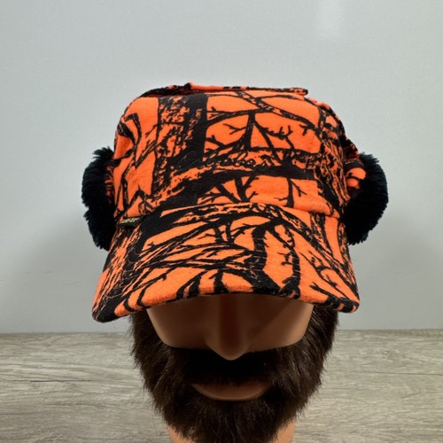 Cabela's L Gore-Tex Thinsulate Blaze Orange Camo Hunting Trapper Hat Earflaps - Picture 2 of 18
