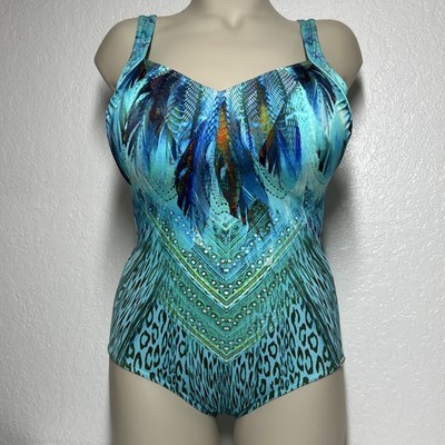 Sunflair One Piece V Neck Swimsuit 10F Soft Cups Leopard Print Floral Vibrant