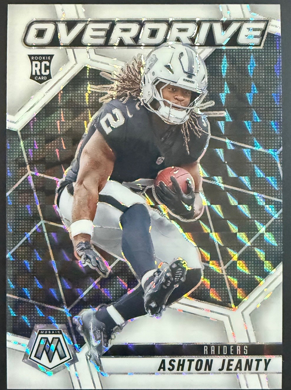 2025 Panini Mosaic Ashton Jeanty Overdrive White Mosaic Prizm /25 Raiders RC