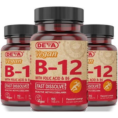 Deva B12 Vegan Dietary Supplement Flavored Lozenges 90 Tablets 3 Pack