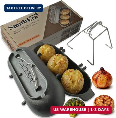 Cast Iron Potato Baker for Grill, Oven & Campfire with Hanging Handles - Pre-Sea