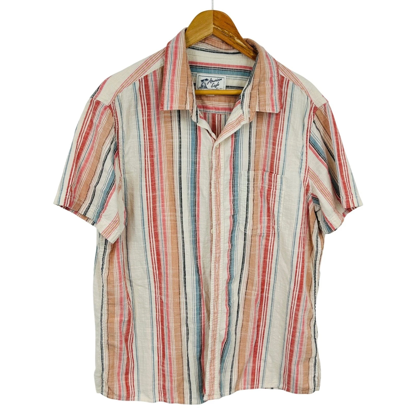 American Eagle Mens Striped Short Sleeve Button Down Shirt Multicolor XL