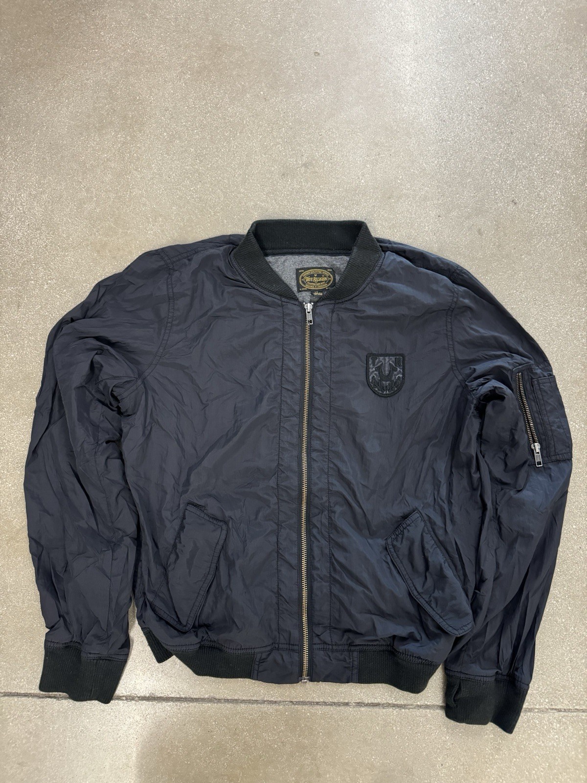 Y2K True Religion Nylon Bomber Jacket Size Large Black Zip Up