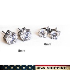 6mm 8mm Cubic Zirconia Round 2Pairs Stainless Steel Stud Earrings for Men Women