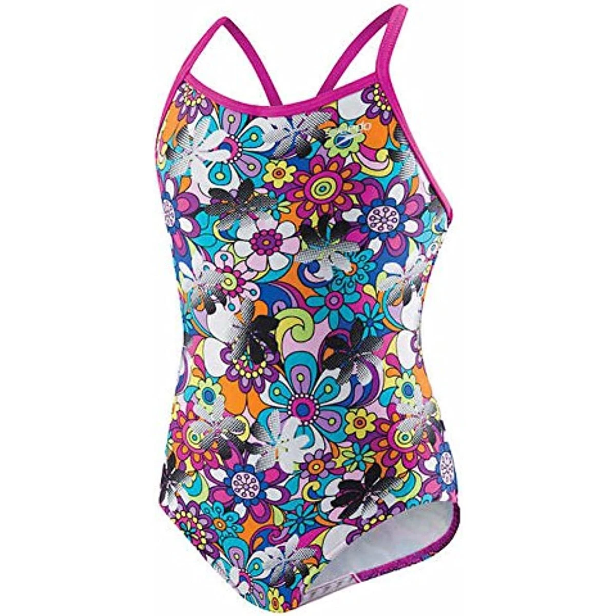 Speedo Girls Thin Strap One Piece Swimsuit Pop Art Floral Size 14