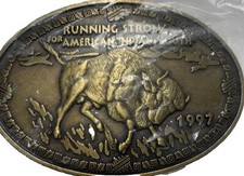 1997 Buffalo vintage brass belt buckle RUNNING STRONG FOR AMERICAN INDIAN YOUTH