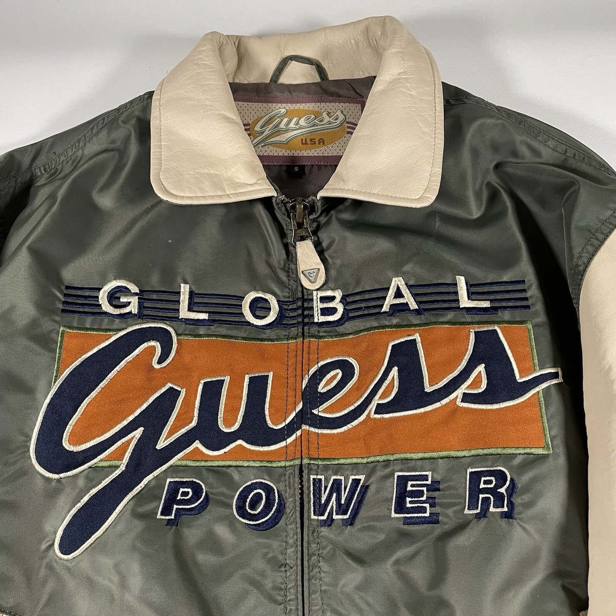 Vtg 90s Guess USA Leather Bomber Jacket S Global Power Vtg 90s Guess USA Leather Bomber Jacket S Global Power