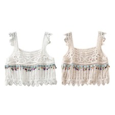 Women Beach Ruffle Sleeveless Crop Top Crochet Square Neck Beads Tassel Camisole