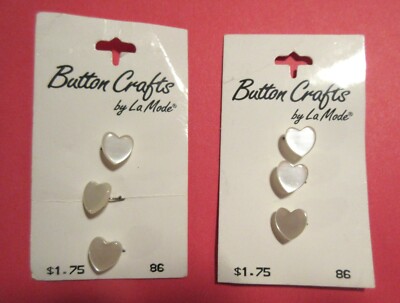 NOC~LOT 2 W2 (6Ct) BUTTON CRAFTS~ La Mode #86-White Hearts 7/16 (11mm) Made USA