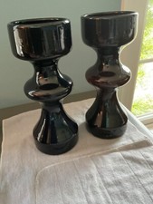 Pair Black Hand Blown Mid Century Bubble Glass Vase Decor 9.75"