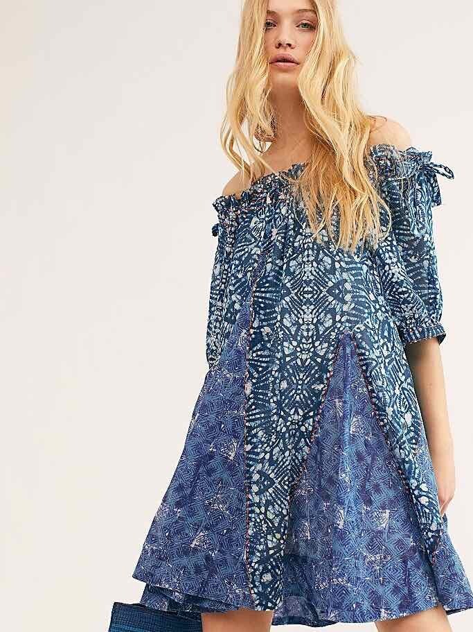Free People Jet Set Mini Dress Indigo Combo Sz L