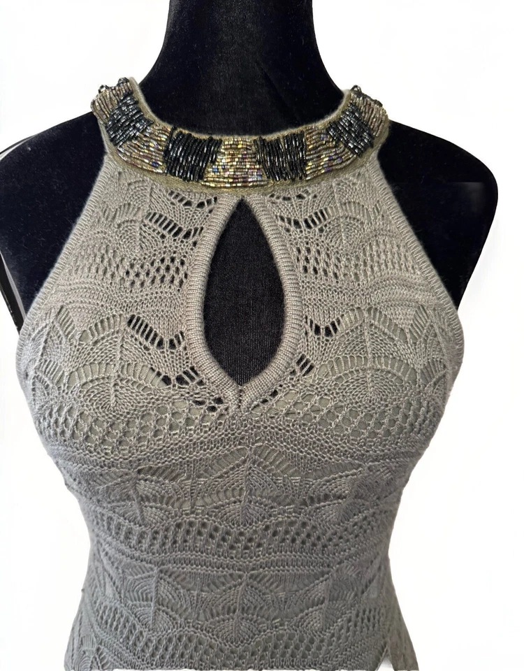 Maxi Vestido Bebe Crochet XS Verde Largo Halter Sirena Cuentas Elegante Resort Crucero Foto 4 de 4