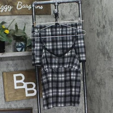 Pillow Talk Womens 2-Piece Lace Trim Plaid Pajama Set Black Multi M