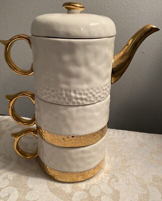 Anthropologie Tea For Two Set White and Gold Ceramic 3 piece set Stackable