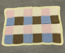 Baby Crib Throw Blanket Crocheted Blue Pink Brown White Puff Squares Nursery