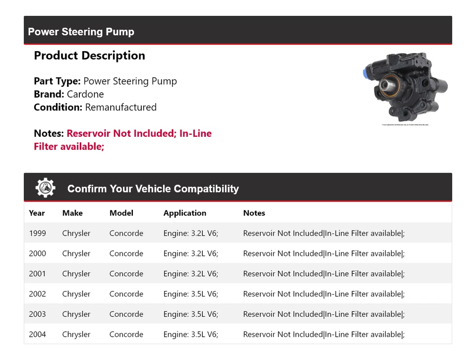 适用于 1999 - 2004 年克莱斯勒协和动力转向泵 Cardone 2000 2001 2002 2003 — 第 2/4 张图片