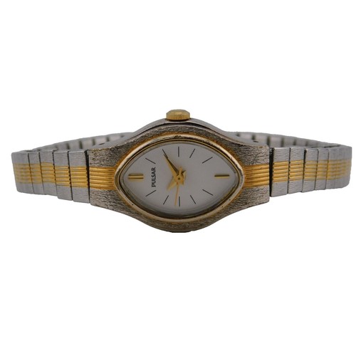 vintage Pulsar women\'s gold-tone wristwatch featuring an eye-shaped or oval case vintage Pulsar women main image 2