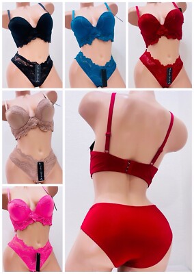 Lot Of 12pcs Sexy Foral Lace Satin Push Up Bra Panties Set Padded Lingerie 36B+L