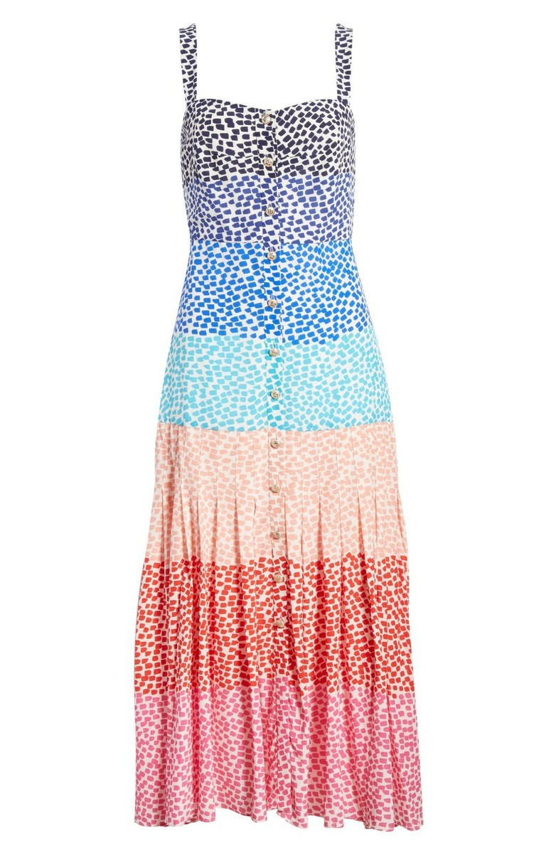 VIP【関税送料無料】希少 SALONI MULTICOLOR DRESS SALONI Rainbow Ombre Colorblock Karen Button Silk Midi Dress