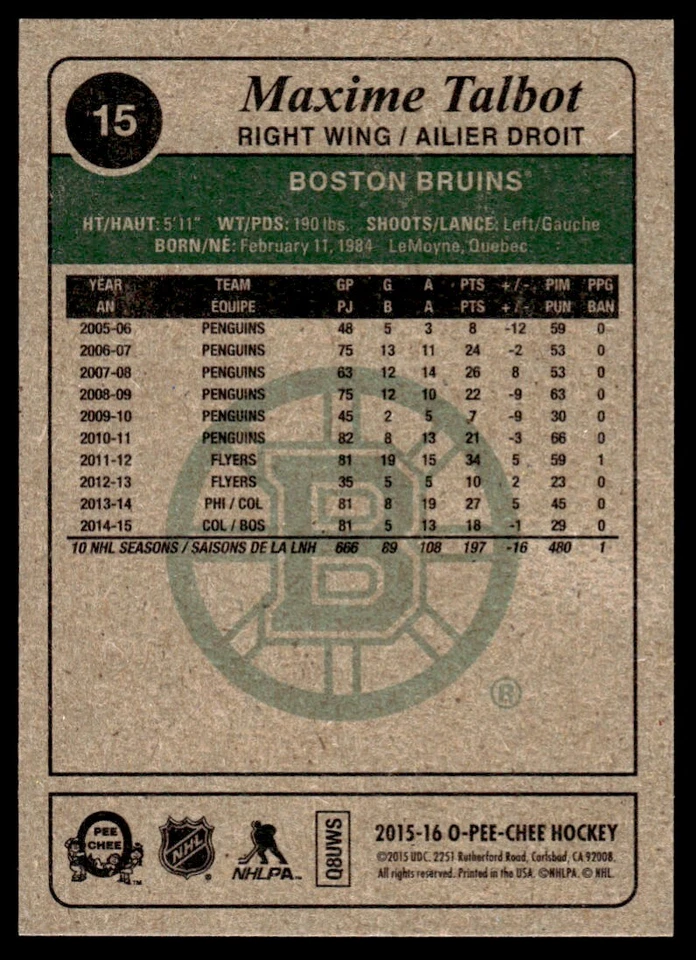 2015-16 O-Pee-Chee RETRO Maxime Talbot Boston Bruins #15 - Image 2 of 2