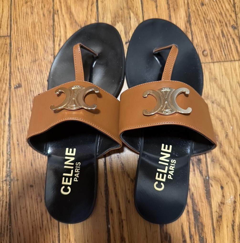 CELINE Women’s Brown/Black Leather Thong Slide Sandals Logo Slip On EU 37