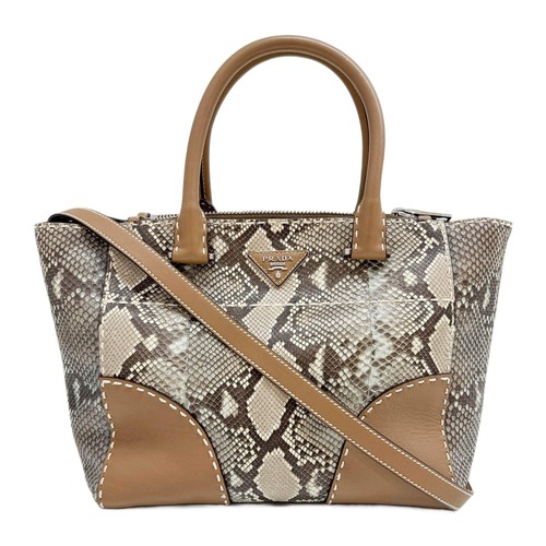 PRADA Twin Zipped City Hand-Stitched Brown Embossed Python Leather Tote Bag