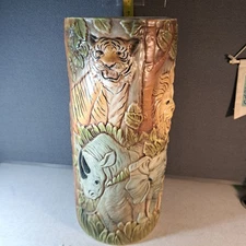 Vintage Unique Hand-painted Umbrella Stand Ceramic 8x17.75" Jungle/Safari #5053B