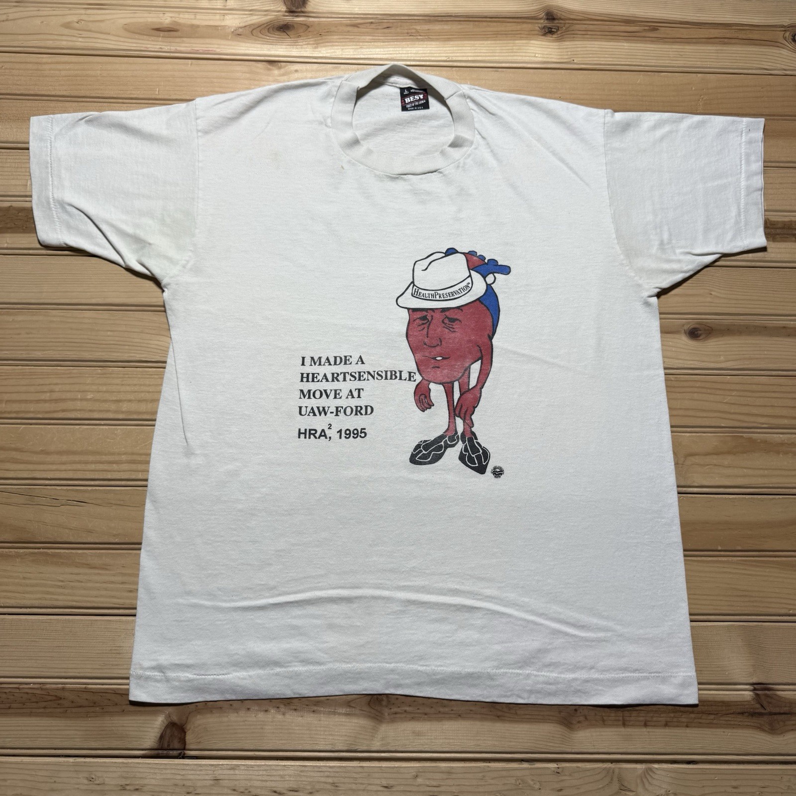 Vintage 90s Cartoon Heart Art Health Preservation UAW Ford HRA 1995 Shirt Large