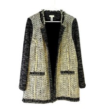 Chico s Black and Cream Tweed Jacket with Textured Fringe Trim Open Front C2