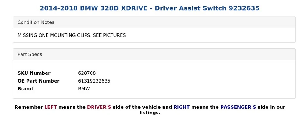 BMW 328D XDRIVE 2014-2018 - Interruptor de asistencia al conductor 9232635 Foto 4 de 4