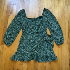 Reformation Dress 18 Green Floral Wrap Mini Long Sleeve Smocked Ruffle Boho