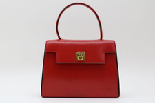 CELINE Vintage Kelly Bag Red Leather Circle Logo Gold Hardware Used From Japan