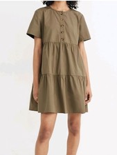 Madewell Baby Doll Button-Front Short-Sleeve Tiered Mini Dress Olive Green M