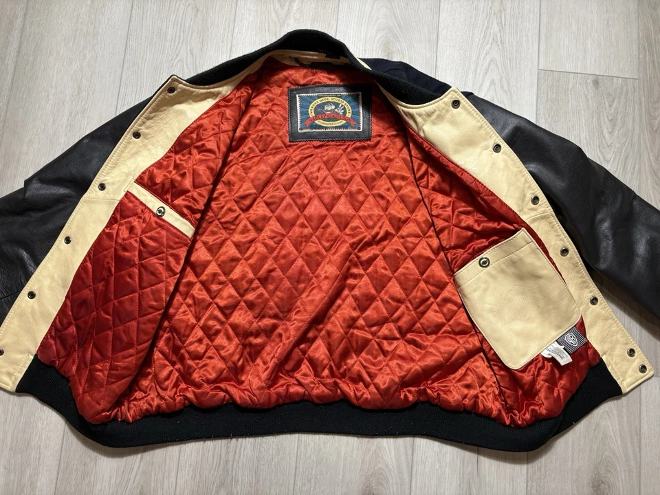 复古 90 年代 Harley Davidson 塔斯马尼亚魔鬼皮革羊毛摩托车夹克男式 XL — 第 4/4 张图片