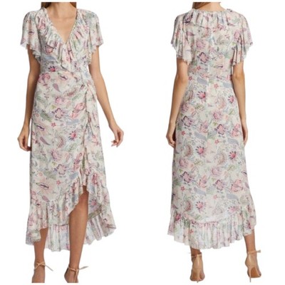 CINQ À SEPT NWT Sheilla Floral Ruffle Midi Dress Size 4 Plunging V-Neck Flounce