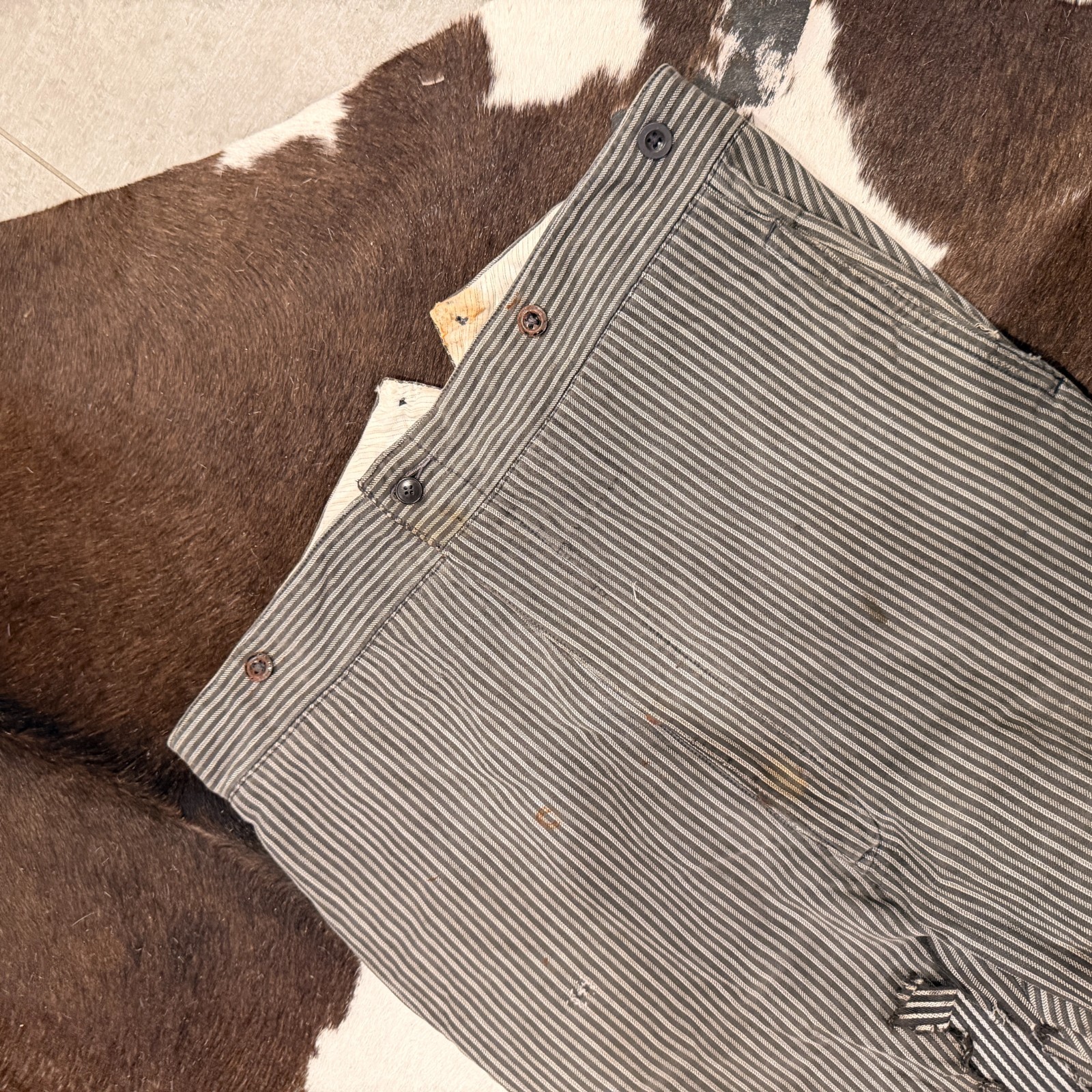 Antique French Striped Workwear Pants - Button Fly, 20s 30s Distressed Thrashed