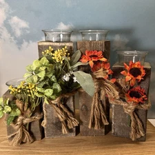 Rustic Wood Block Candle Stands With Glass Tealight Votive Holder Set of 4