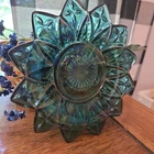 Vintage Teal Iridescent Glass Starburst Dish 5.5" Sunflower Scalloped Edge MCM