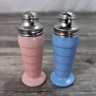 Vtg 1930s Hazel Atlas Platonite Milk Glass Blue Pink Salt Pepper Shakers 4"