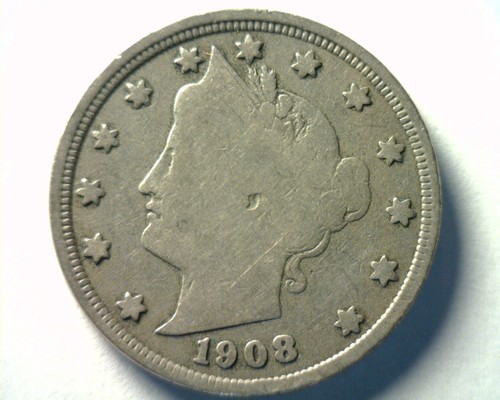 1908 LIBERTY NICKEL VERY GOOD+ VG+ NICE ORIGINAL COIN BOBS COINS FAST 99c SHIP