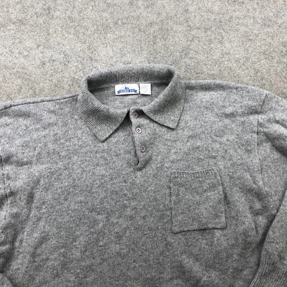 Trader Bay Sweater Mens XL Gray Lambswool Polo Collar Pullover Pocket Classic - Image 4 of 4