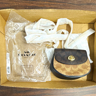 Coach Mini Crossbody Bag Signature Monogram Brown/Black Turn Lock Gold HW