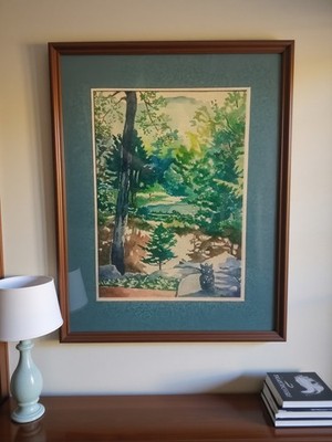 Vintage Original Watercolor Landscape Painting   Framed & Matted Wooded Forest 